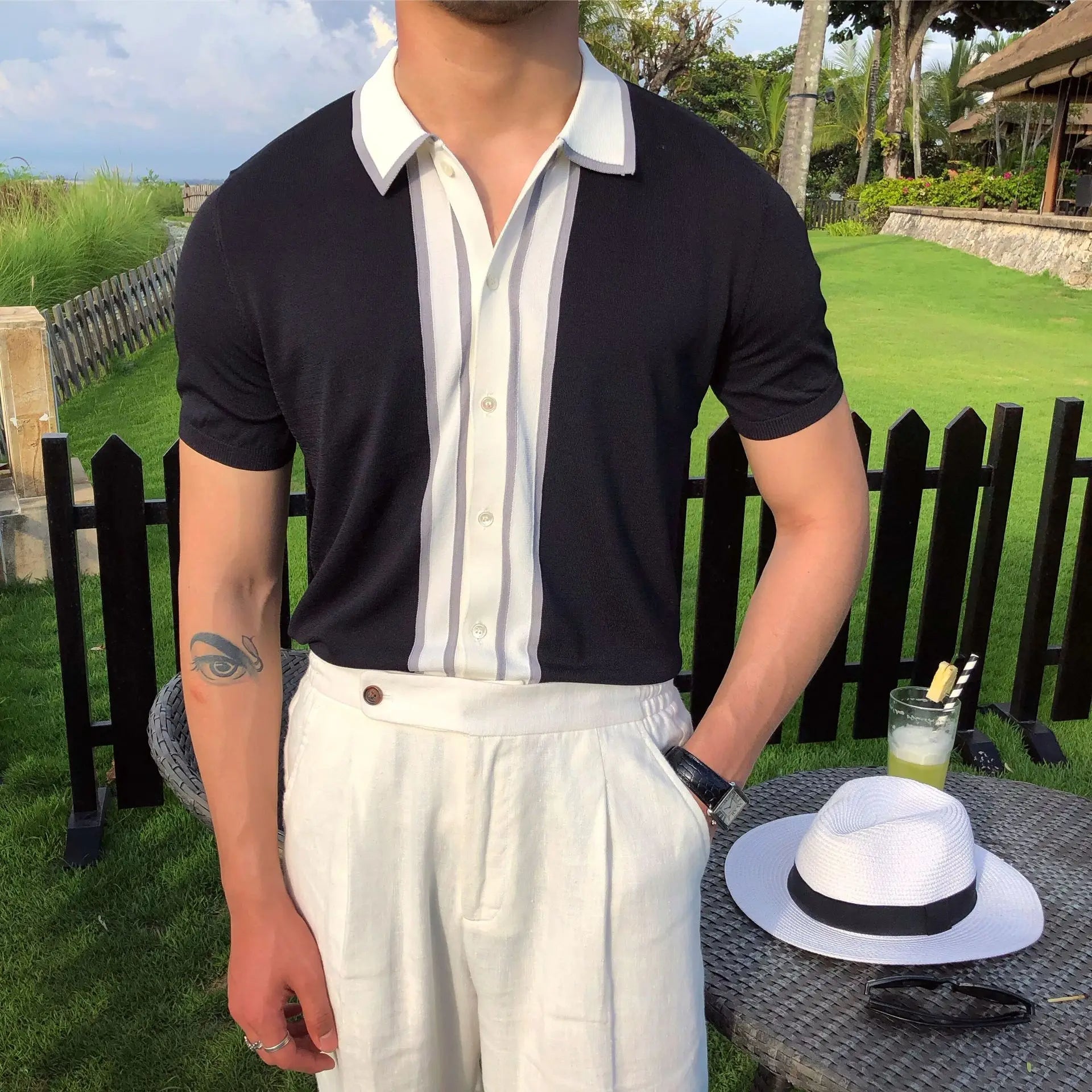 Contrast Trim Button-Up Knit Polo
