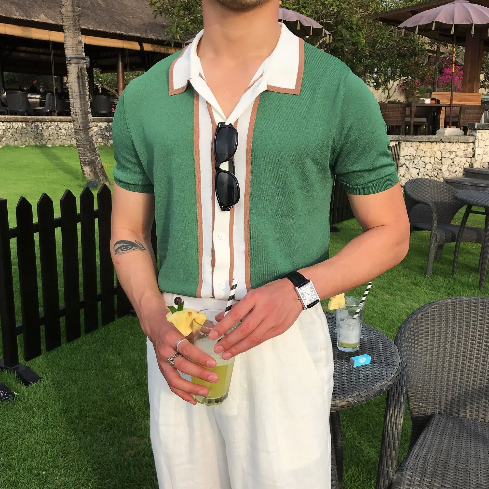 Contrast Trim Button-Up Knit Polo