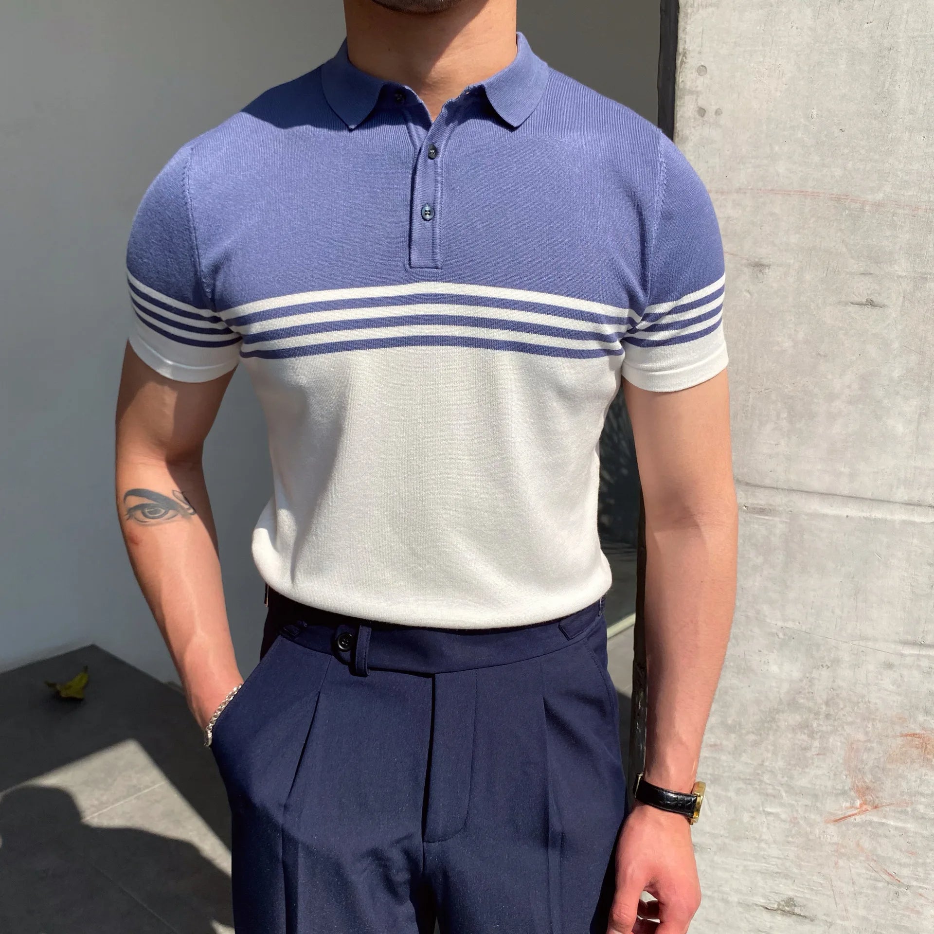Contrast Trim Button-Up Knit Polo