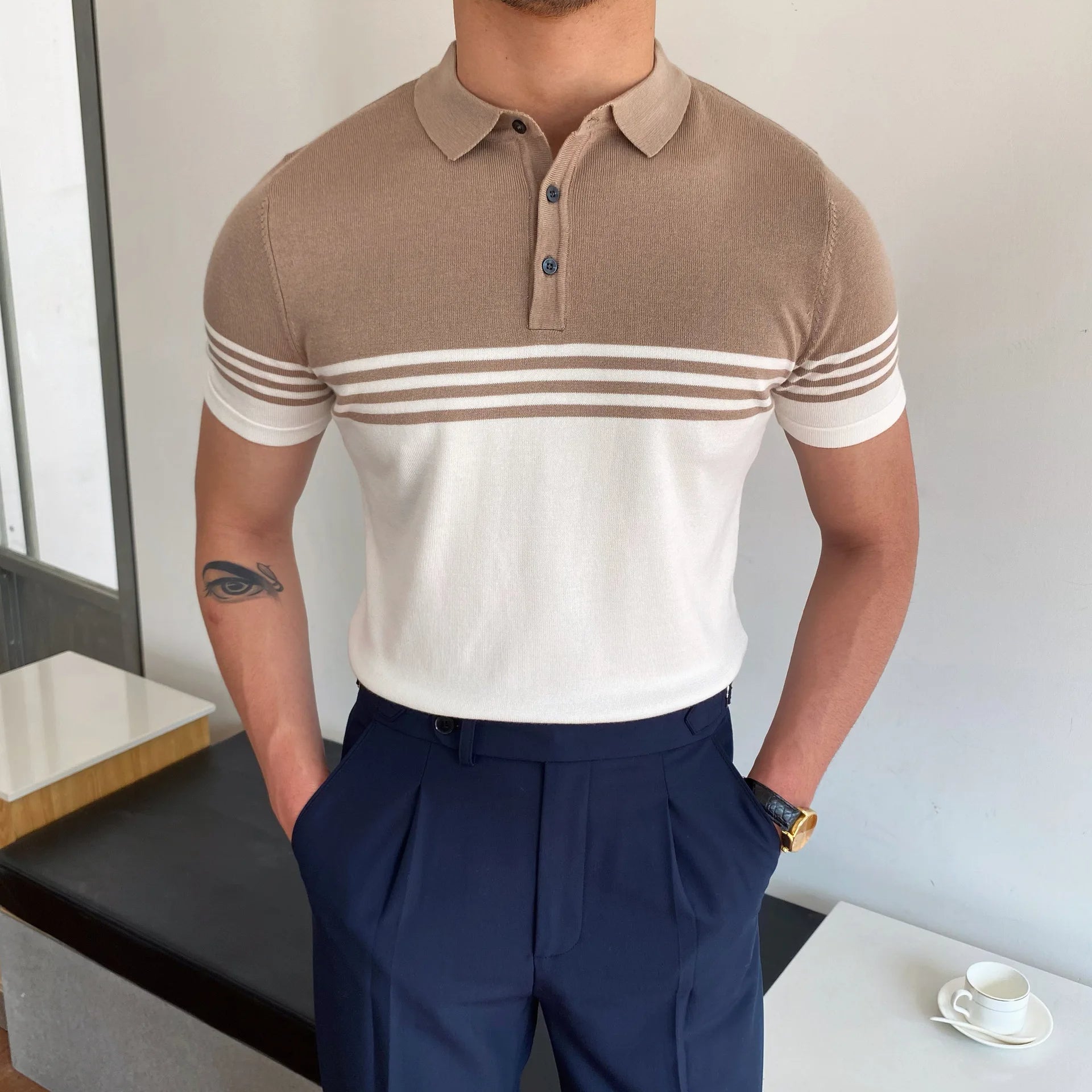 Contrast Trim Button-Up Knit Polo