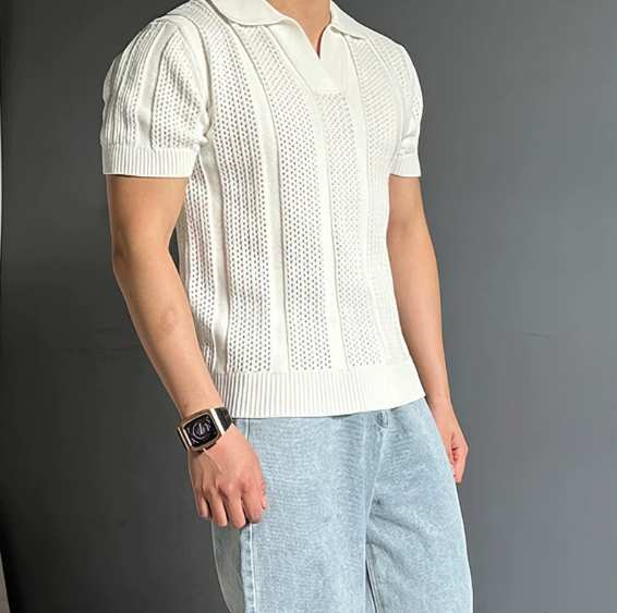 Open-Knit Casual Polo Shirt