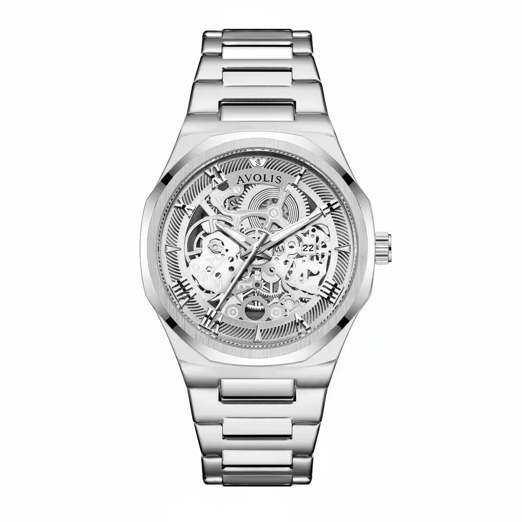 Automatic Stainless Steel Business Wristwatch Gold Silver white surface