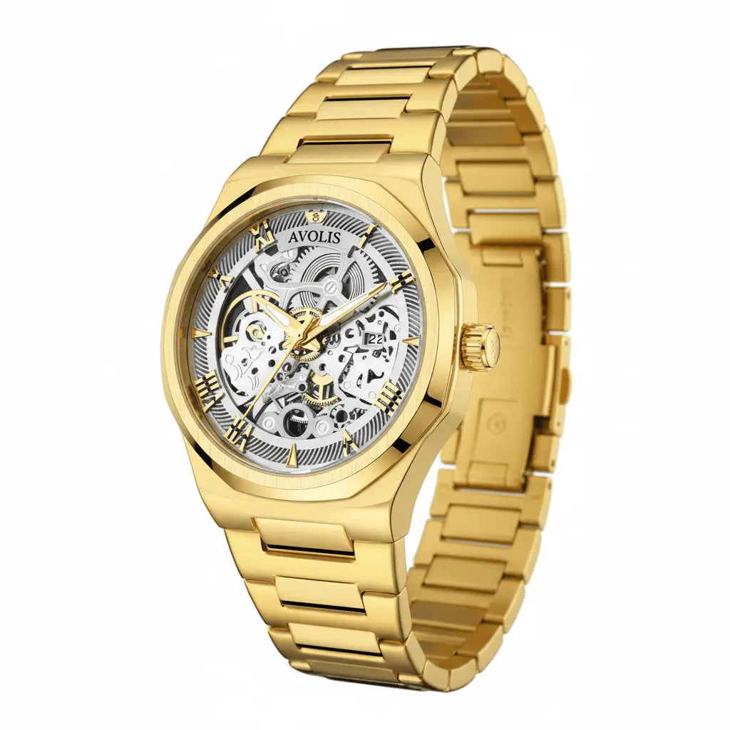 Automatic Stainless Steel Business Wristwatch Gold Golden white surface