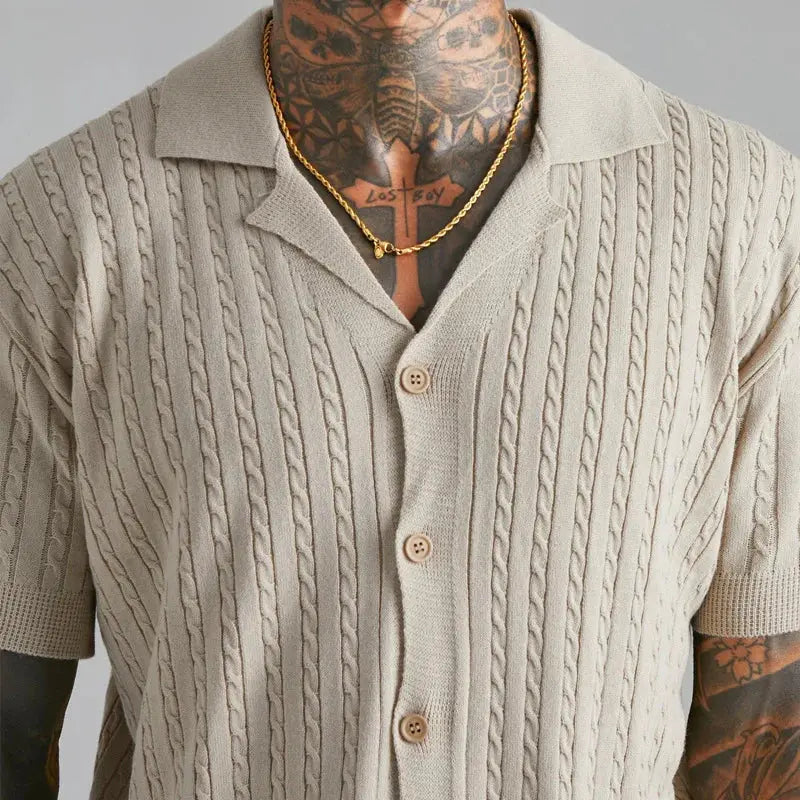 Men’s Cable Knit Button-Up Polo Shirt