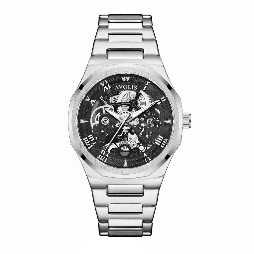 Automatic Stainless Steel Business Wristwatch Gold Silver black surface