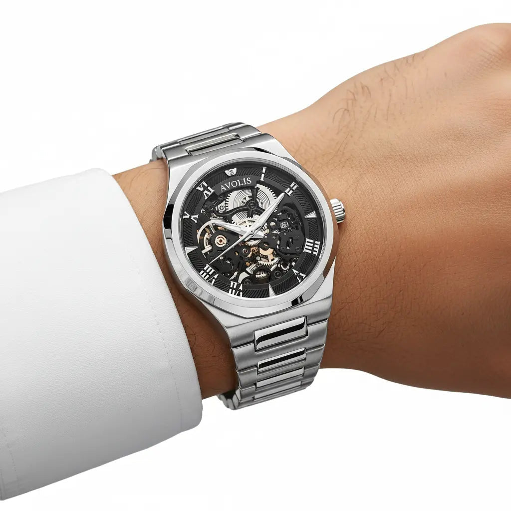 Automatic Stainless Steel Business Wristwatch Gold Silver black surface