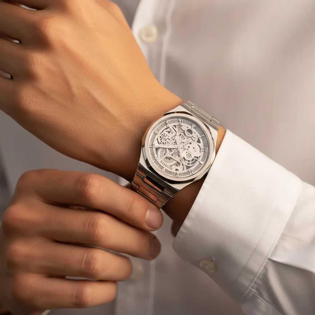 Automatic Stainless Steel Business Wristwatch Gold Silver white surface