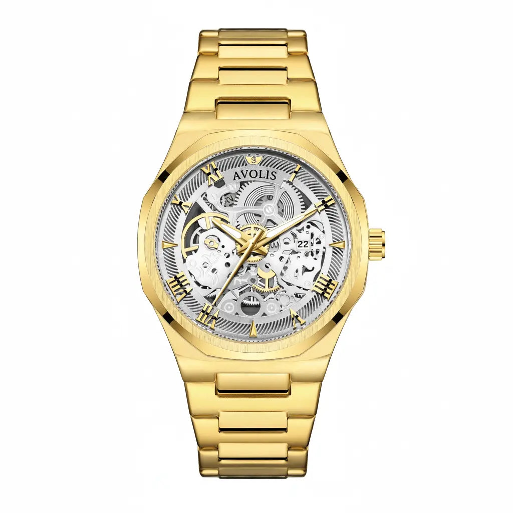 Automatic Stainless Steel Business Wristwatch Gold Golden white surface