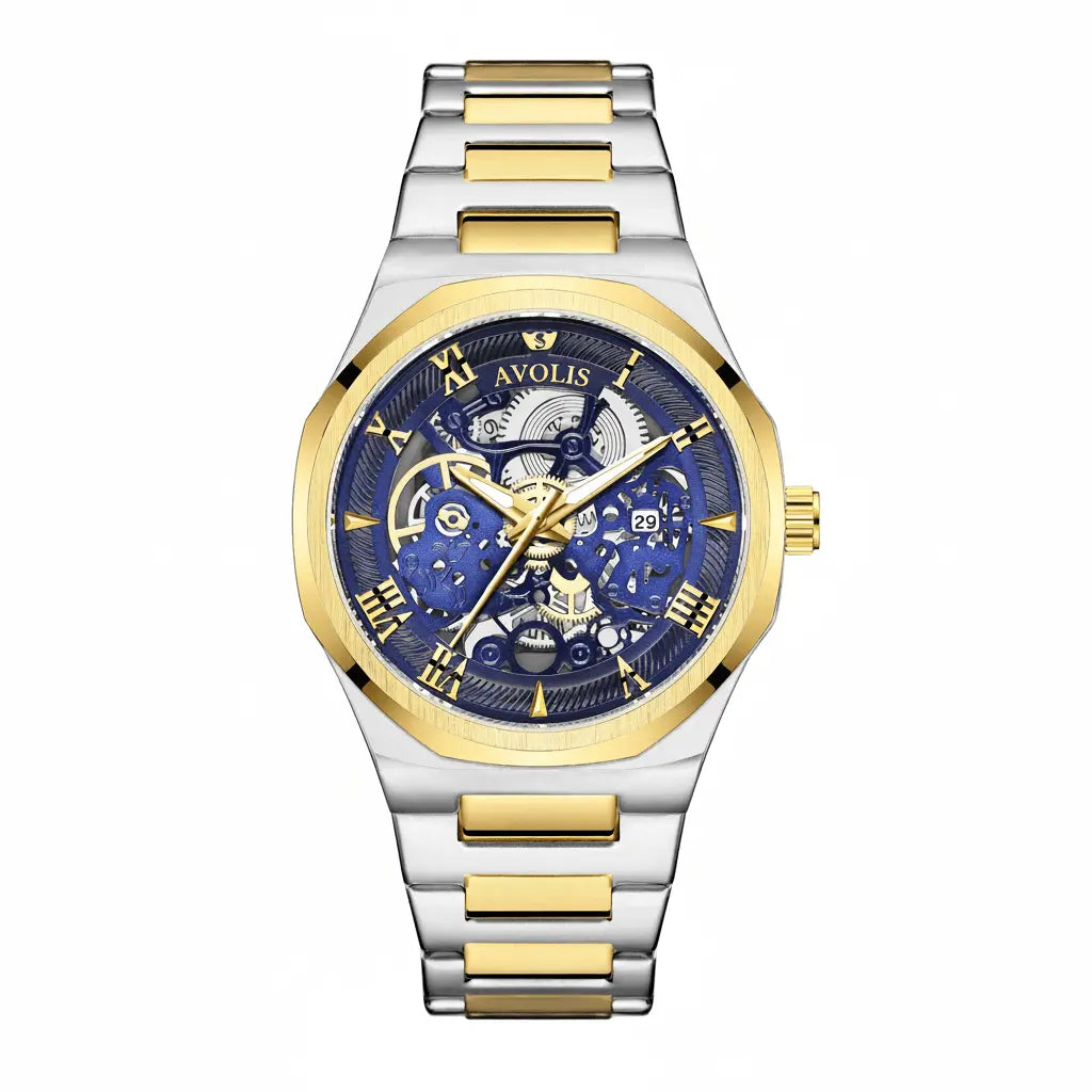 Automatic Stainless Steel Business Wristwatch Gold Golden blue surface